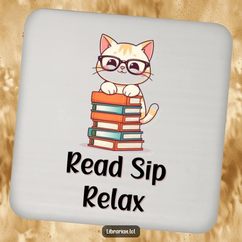 Funny drink coasters featuring a smiling cat wearing glasses, precariously stacking books, adding literary whimsy to any table.
