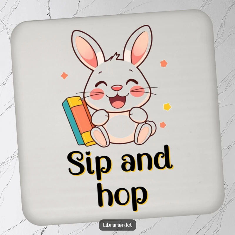 Funny Drink Coaster: A cheerful rabbit stamps a library card, protecting surfaces with a smile.
