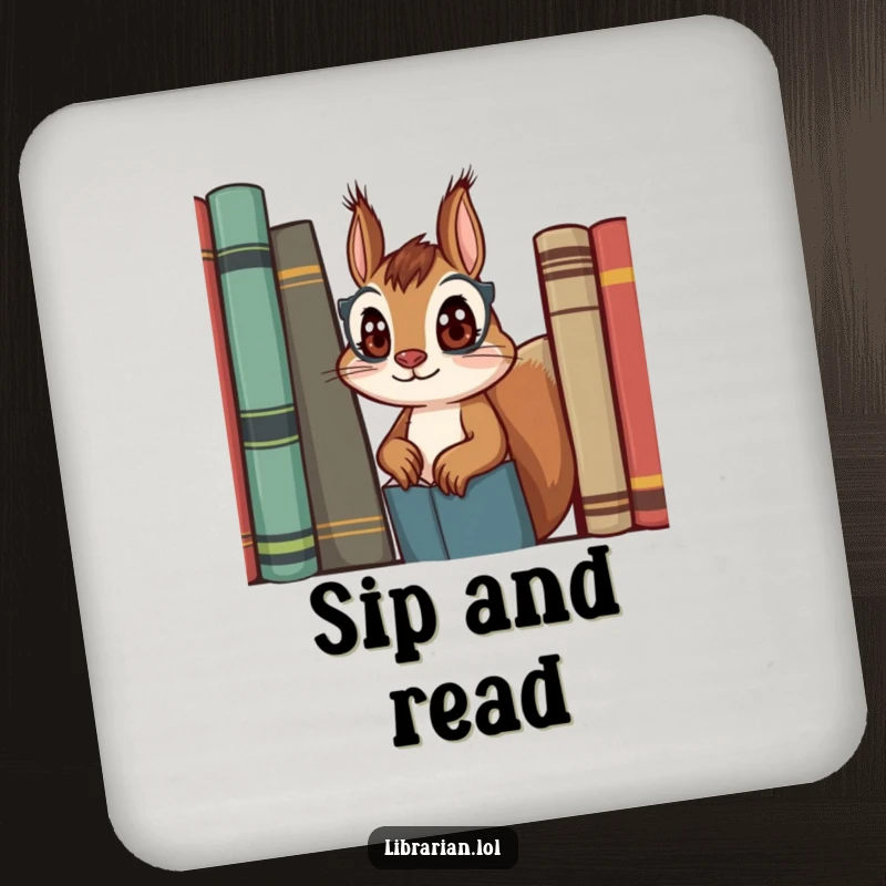 Funny squirrel librarian coasters, set of 4, featuring a curious squirrel design, protective and decorative.