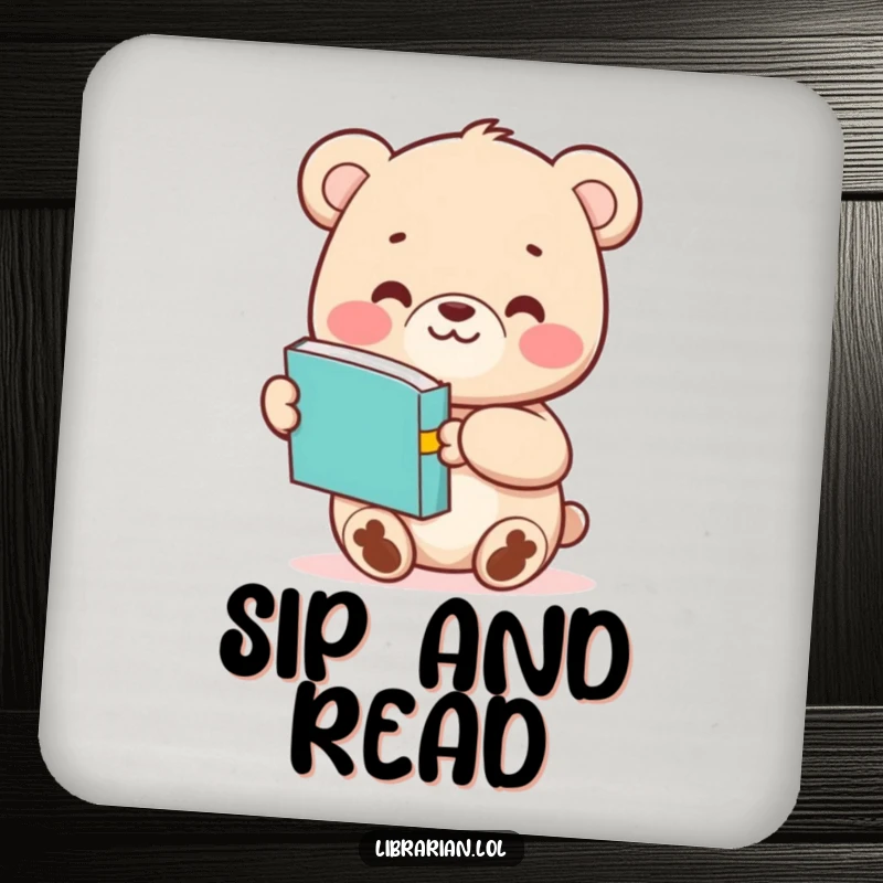 Funny Bear Cub coaster with a cute character offering a book, protecting surfaces with a smile.