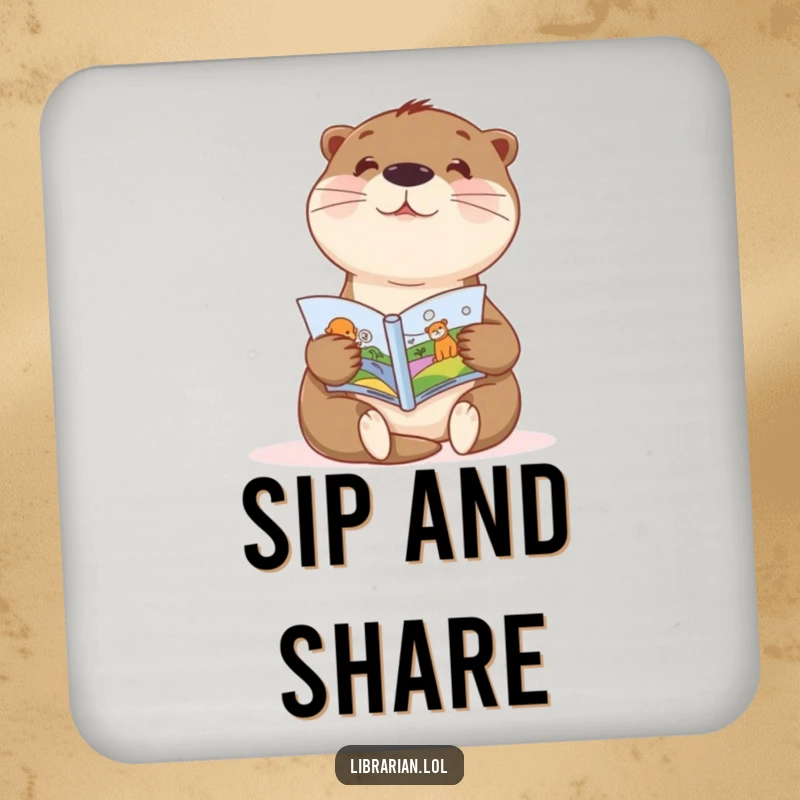 Funny drink coaster featuring a sweet otter enthusiastically showing a picture book, protecting surfaces with literary charm.