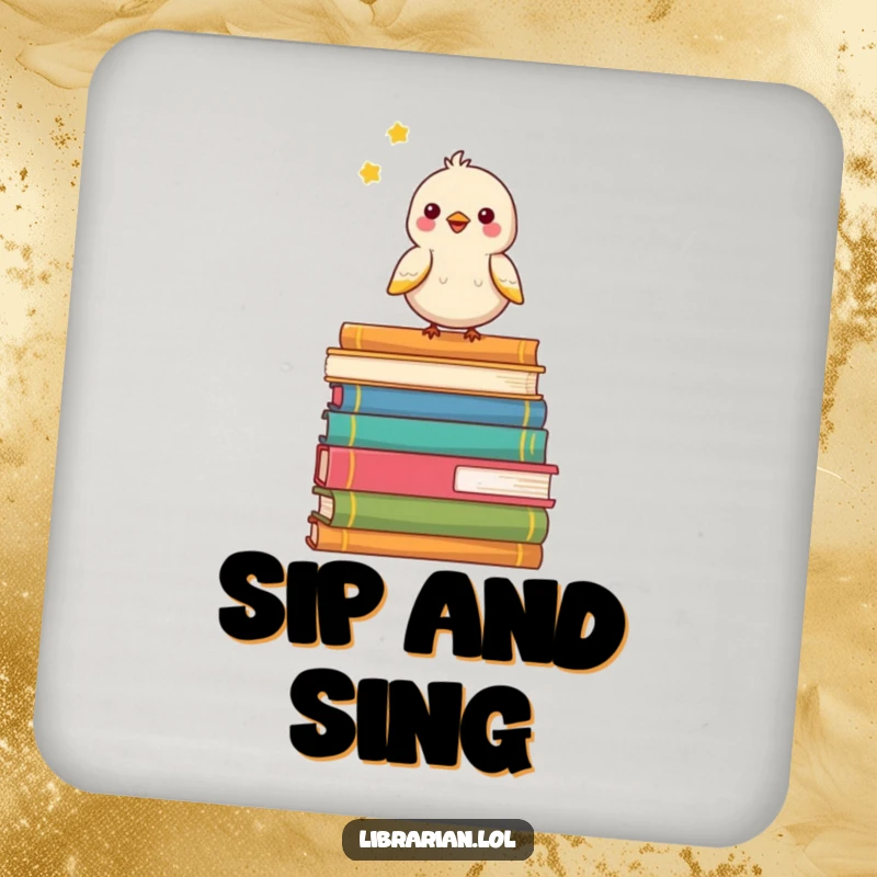 Funny drink coaster featuring a happy bird on a stack of books, protecting surfaces with cheerful literary art.