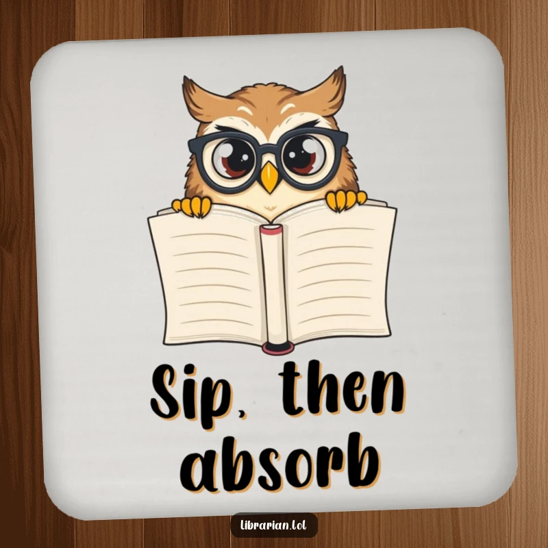 Funny owl wearing spectacles peeking over a book, featured on a drink coaster for a touch of humor.