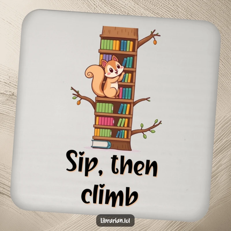 Funny squirrel climbing a towering bookshelf like a tree on drink coasters, protecting furniture with playful flair.