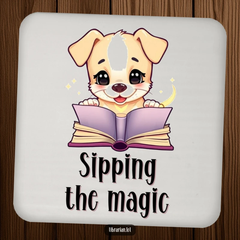 Funny puppy drink coaster, giggling at a magical book, protecting surfaces with whimsical and humorous appeal.