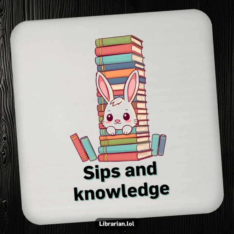 Funny bunny drink coasters hiding behind encyclopedias, protecting surfaces with literary humor.