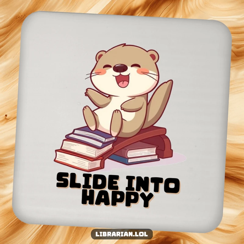 Funny joyful otter sliding down a ramp of books on a drink coaster, adding a splash of humor to tabletops.