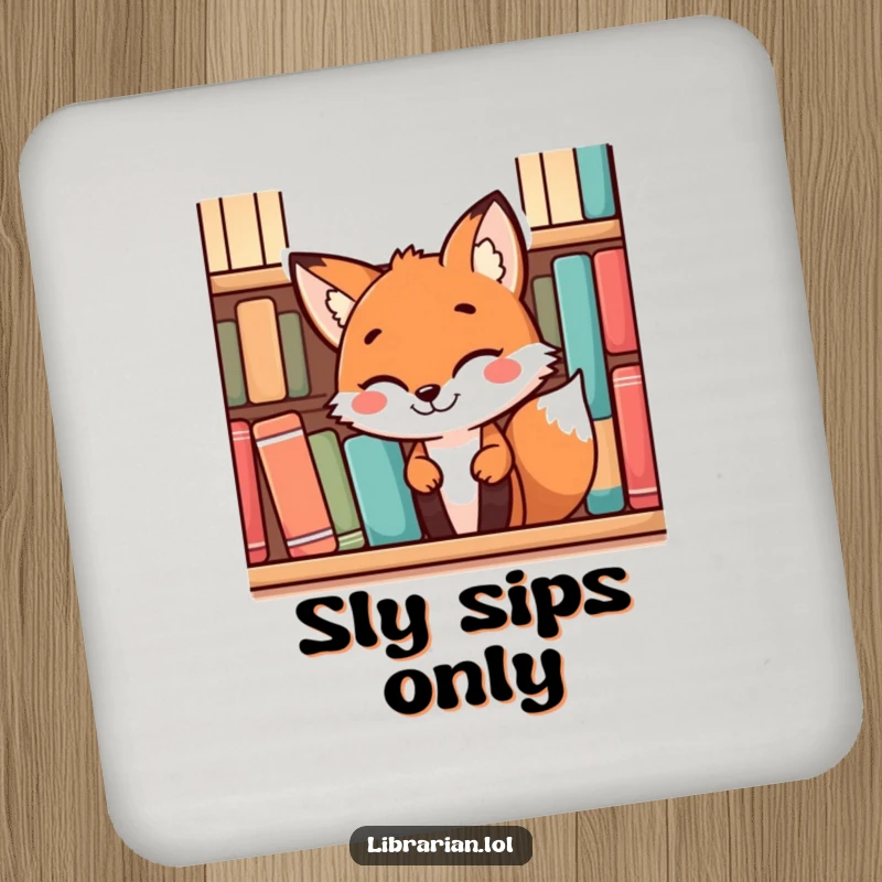 Funny playful fox with a mischievous grin peeking from behind books, featured on a drink coaster for humorous decor.