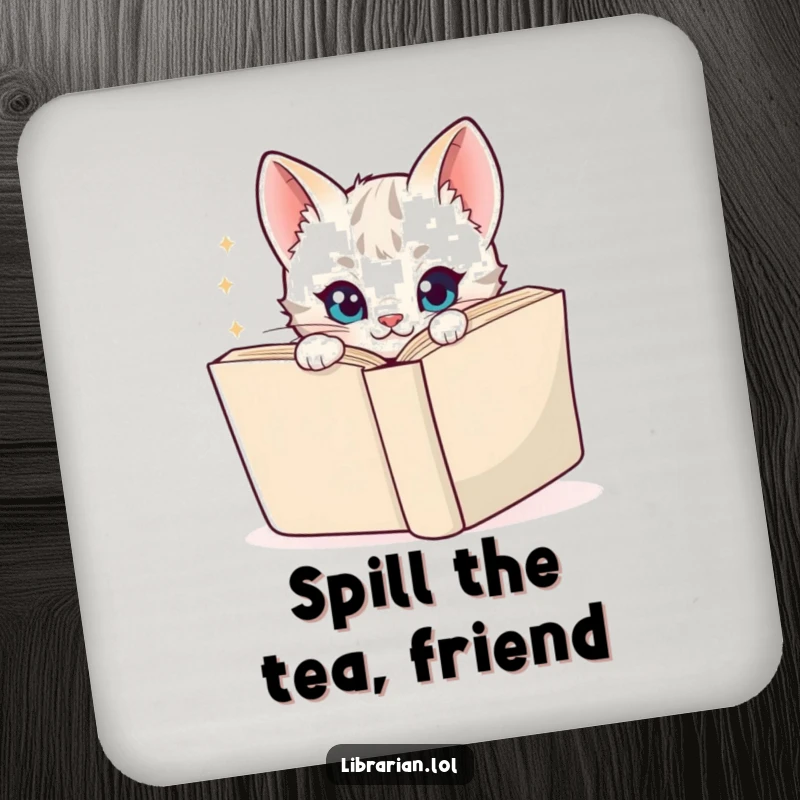 Funny Drink Coaster with a playful cartoon kitten peeking over the edge, its eyes sparkling with mischief, protecting surfaces with humor.