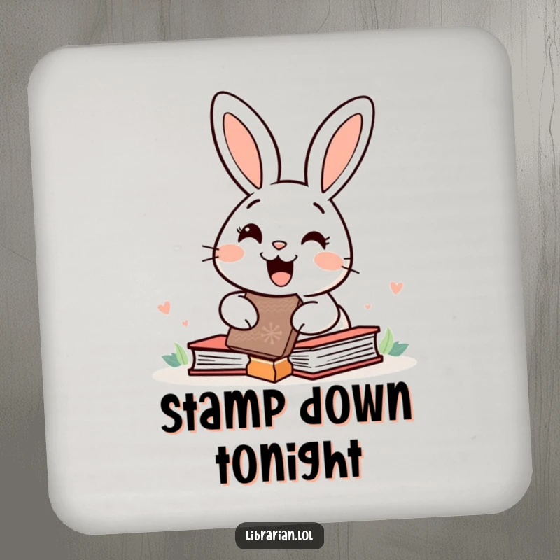 Funny happy rabbit stamping books with a giant rubber stamp, featured on a coaster to add cheerful organization to tables.