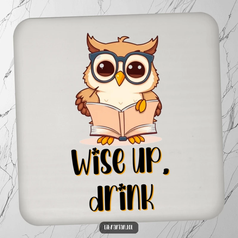 Funny owl scholar coaster featuring a cute cartoon owl wearing spectacles, pointing at a book, a wise decor piece.