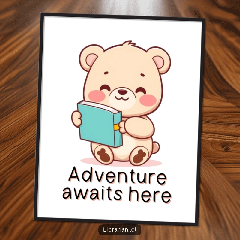 Funny Bear Cub poster art of a cheerful character holding out a book with a welcoming smile, perfect for a reading room.