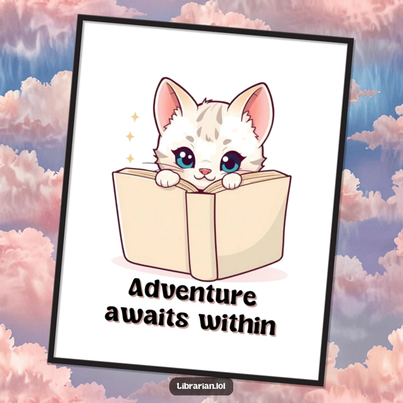 Funny Poster of a playful cartoon kitten peeking around a large book, its eyes sparkling with mischief, adding charm to any space.