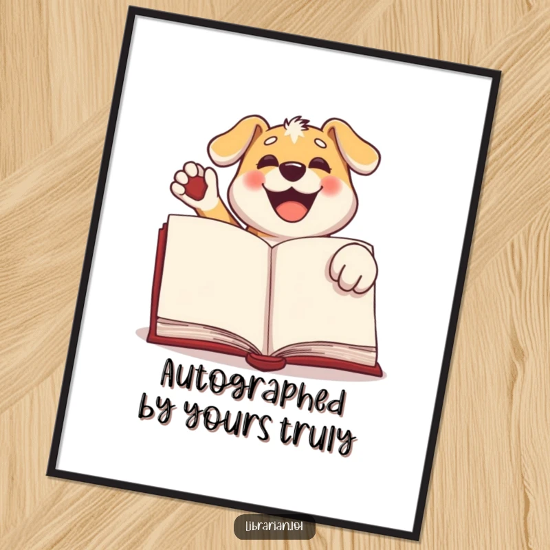 Funny dog poster, a happy dog enthusiastically stamping a large book with its paw, adding playful literary decor to any room.