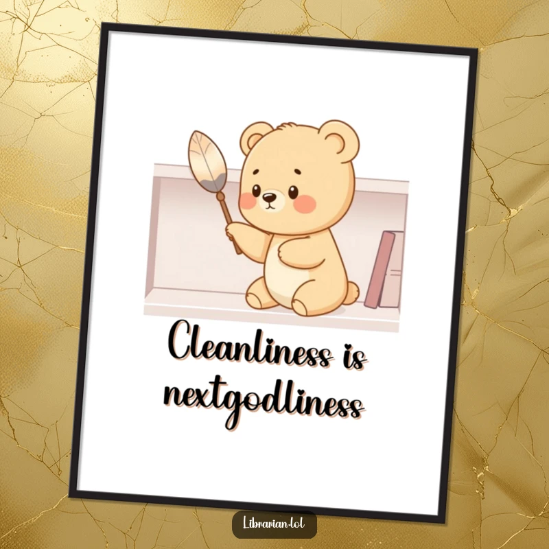 Funny bear cub poster, dusting a shelf with a feather duster, in a whimsical and adorable artistic style. A humorous wall decoration.