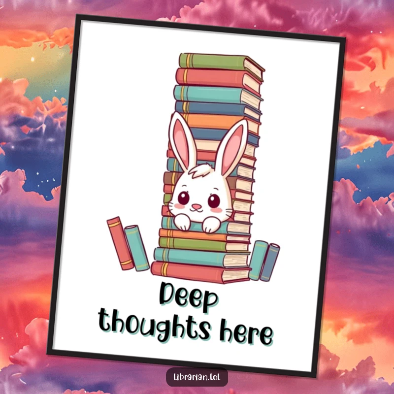 Funny curious bunny poster hiding behind encyclopedias, bringing literary charm to walls.