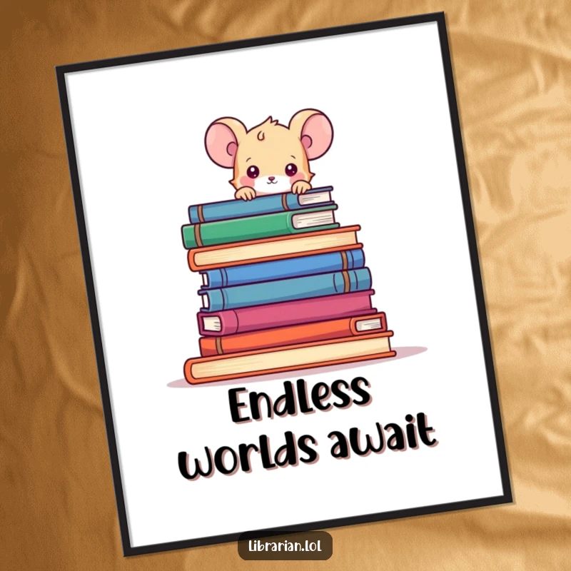 Funny tiny mouse peeking curiously over a towering stack of books, displayed as charming wall art.