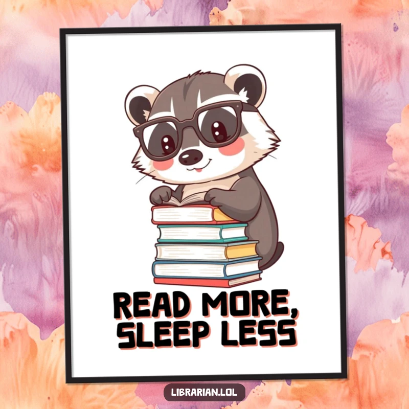 Funny happy badger wearing reading glasses, patting a stack of books, framed as literary wall art.