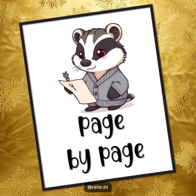 Funny badger in a cardigan, determinedly pointing to a page with a quill. Humorous wall art, a perfect funny gift.