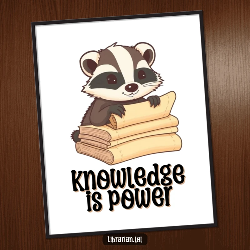Funny badger poster, whispering secrets into ancient scrolls, a mysterious and humorous piece of wall art for enthusiasts.