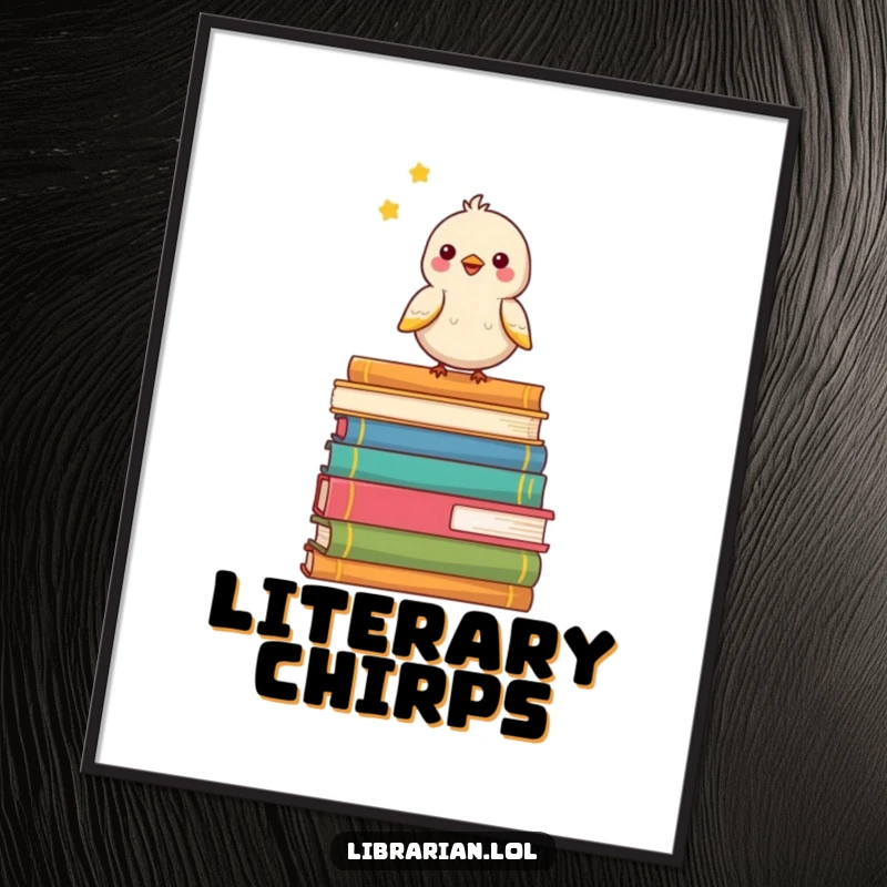 Funny poster featuring a happy bird perched on a stack of books, chirping joyfully, ideal for reading nooks.