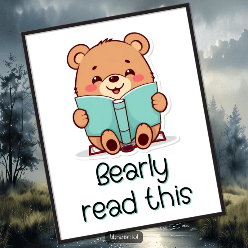 Funny poster art of a cheerful bear with a happy grin, stamping a book, adding a whimsical literary touch.