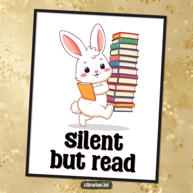 Funny bunny librarian poster, wall art, a fluffy bunny tiptoeing with a massive stack of books, looking immensely pleased with its literary haul.