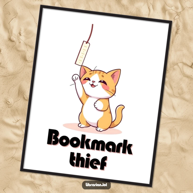 Funny Cat Bookmark Poster: A playful cat joyfully bats at a dangling bookmark.