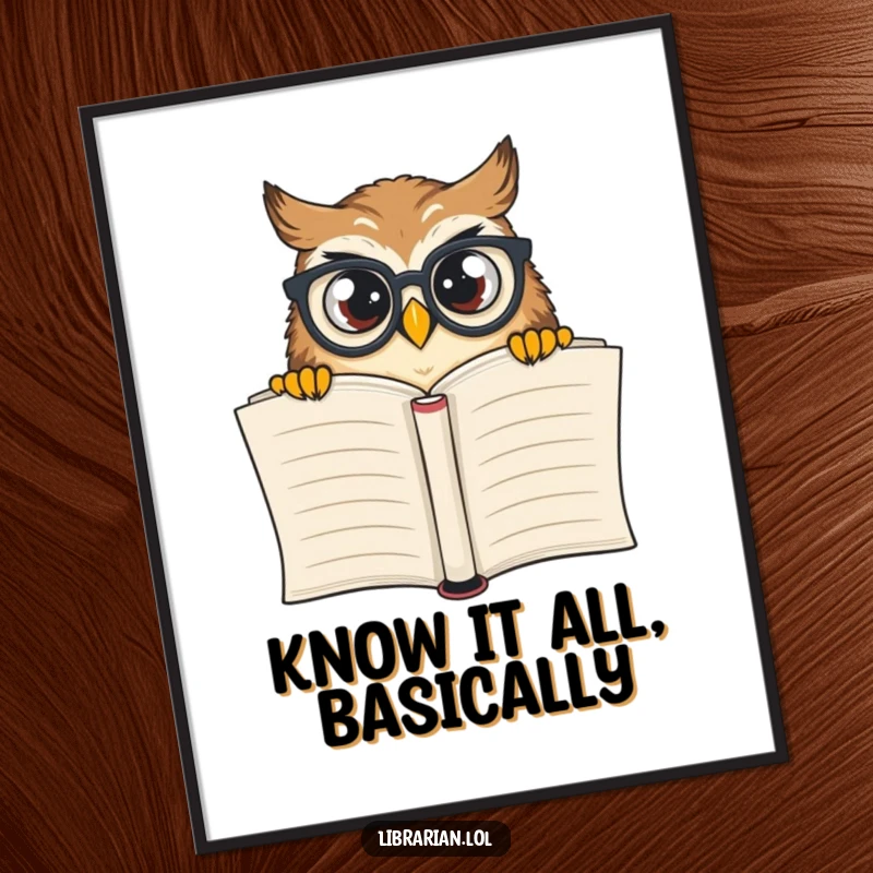 Funny curious owl wearing spectacles peeking over a large book, showcased as whimsical wall art for book enthusiasts.