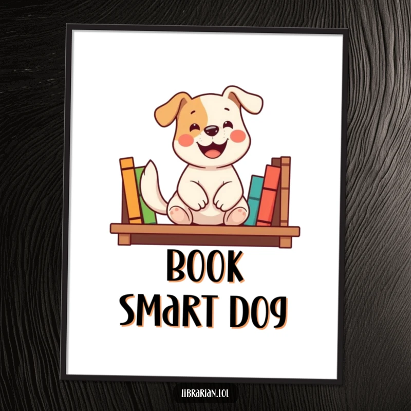 Funny poster art of a happy dog shelving books with a wagging tail and smile, capturing helpfulness and a love for literature, a great funny gift.