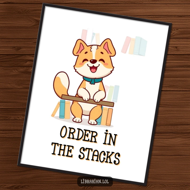 Funny Poster: Happy dog librarian wagging tail, shelving books on a high shelf, charming bookish decor.