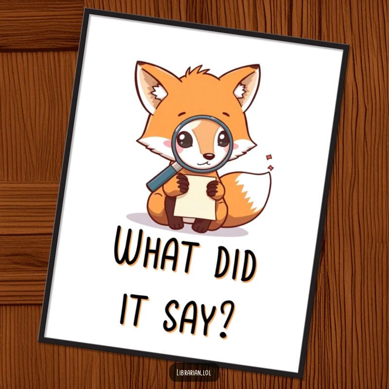 Funny poster featuring a fox using a magnifying glass to inspect a tiny note, adding artistic intrigue.