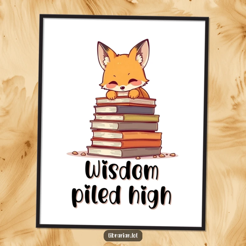 Funny curious fox peeking over a massive pile of old books, whimsical wall art for readers and book lovers' spaces.