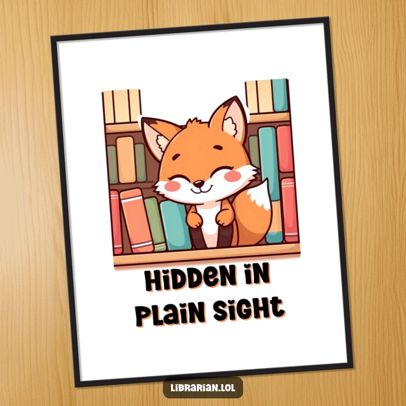 Funny playful fox with a mischievous grin peeking from behind a bookshelf, as whimsical wall art on a poster.