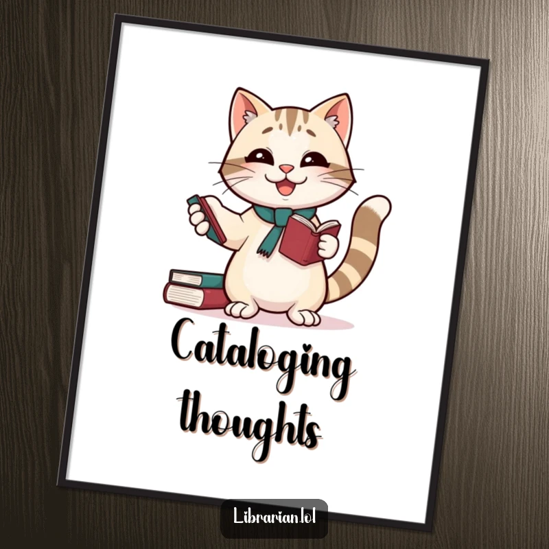 Funny poster: A happy cat librarian expertly juggles library books, a funny gift for wall decor.