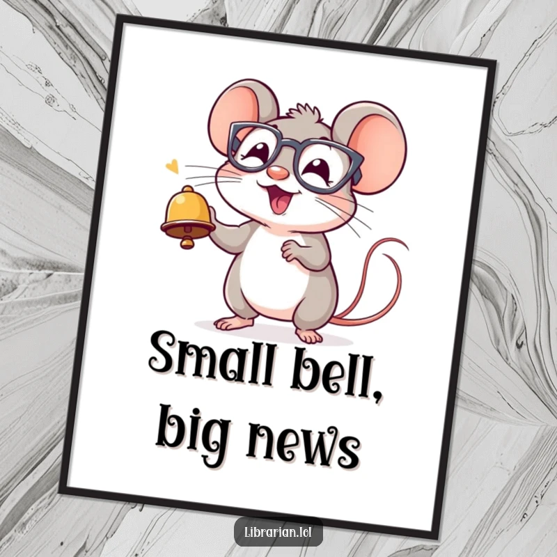Funny poster of a cheerful mouse wearing spectacles, ringing a tiny bell with pure excitement, adding joy to walls.