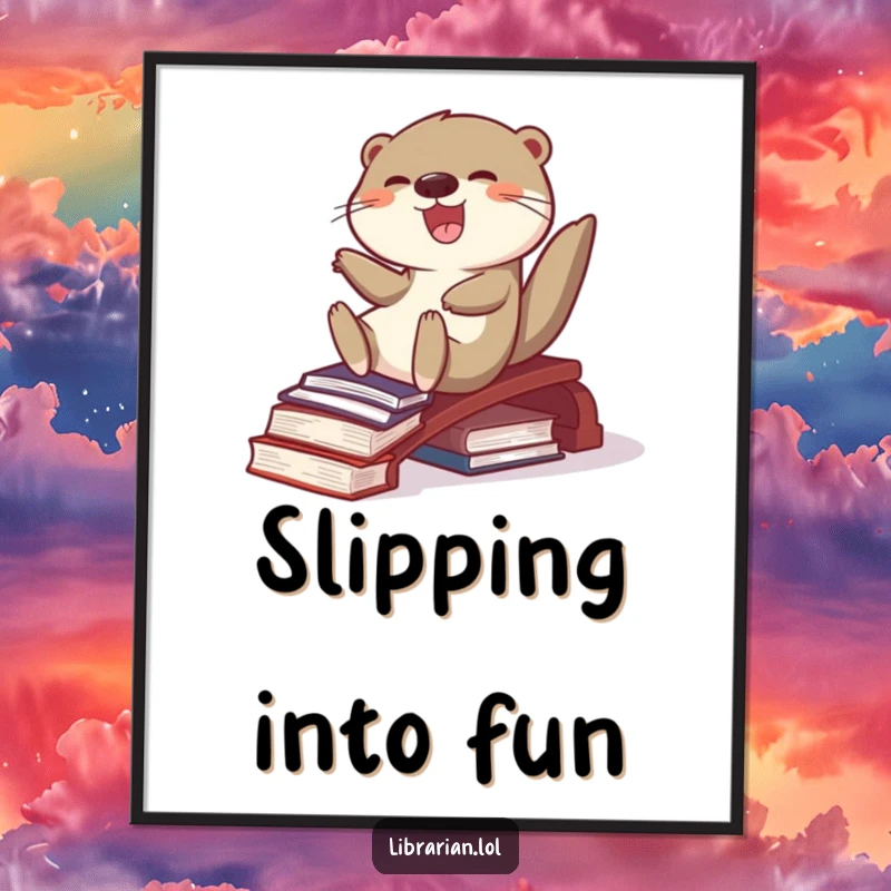 Funny otter with a delighted expression, sliding down a ramp made of books, presented as cheerful wall art on a poster.