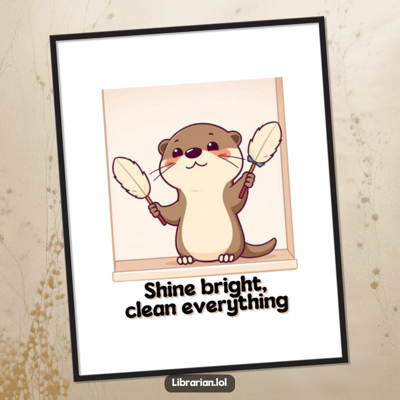Funny Poster of a satisfied cartoon otter carefully dusting a shelf with a feather duster, adding a clean and humorous touch to decor.