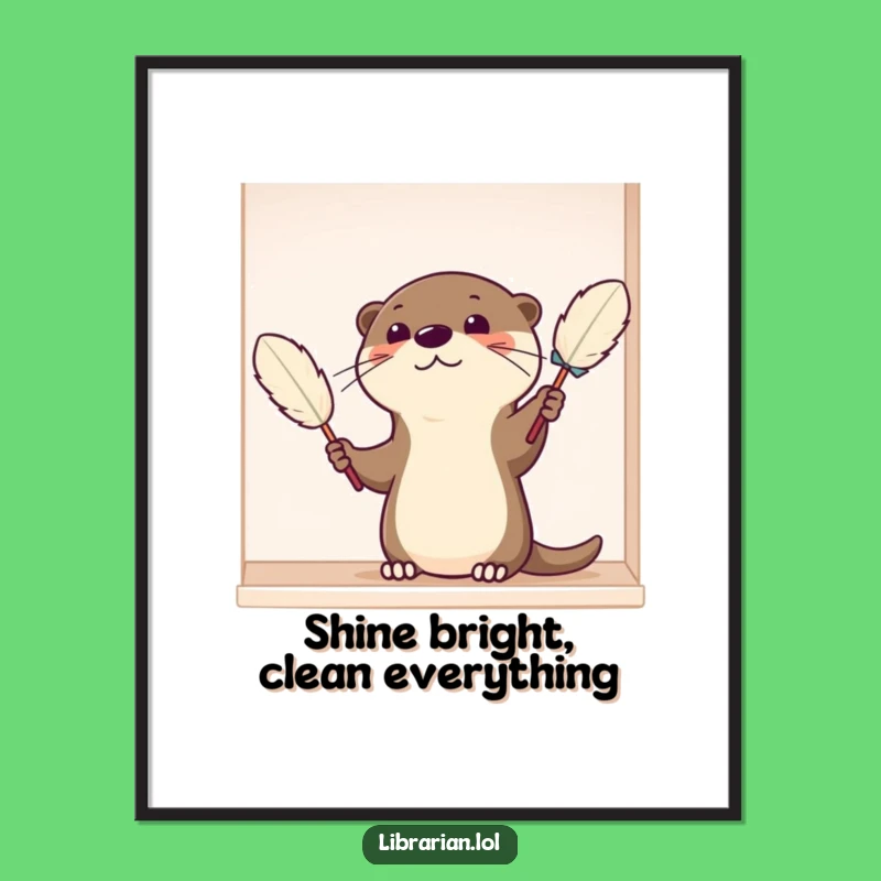 Funny Otter Poster - Tidy Cartoon Animal Dusting, Humorous Wall Art & Gift