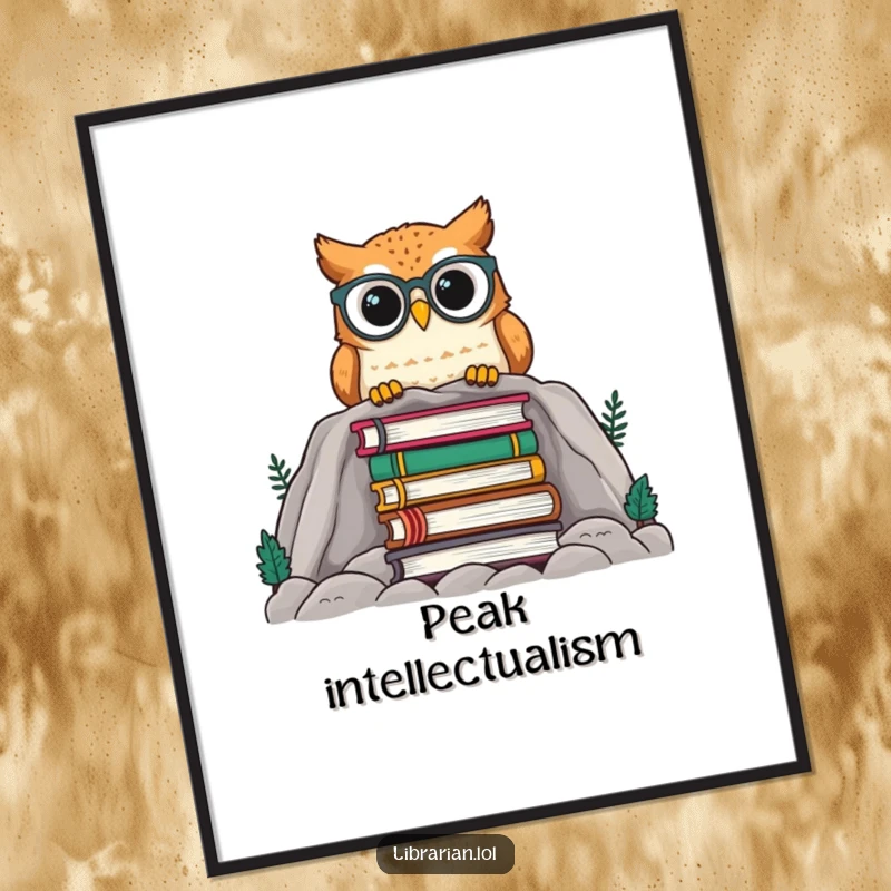 Funny owl wearing spectacles peering over a massive pile of books, a whimsical wall art piece celebrating knowledge and wonder.