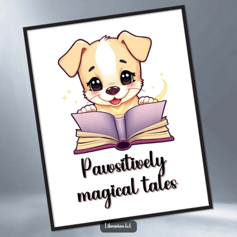 Funny puppy poster, giggling intently at an open magical book, a whimsical and humorous piece of wall art.
