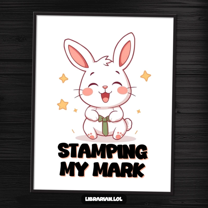 Funny cartoon rabbit joyfully stamping books with an energetic flourish, framed as wall art.