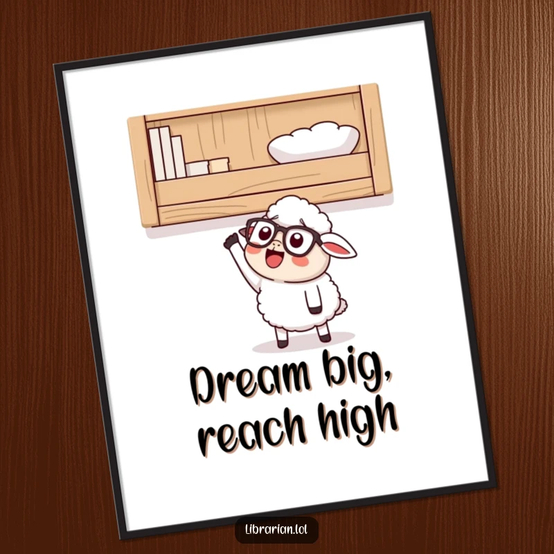 Funny Poster of a happy cartoon sheep wearing glasses, looking up at a high shelf and excitedly reaching, perfect for inspirational decor.