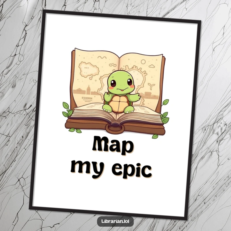 Funny Turtle Poster, wisely pointing to a map within a large storybook, adding a touch of adventure and wisdom to decor.