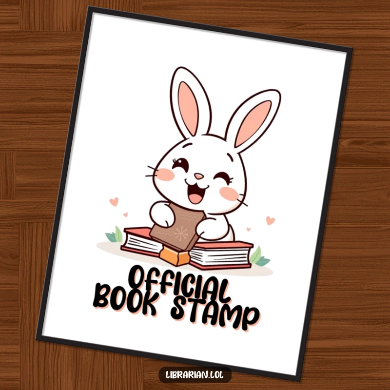 Funny happy rabbit using a giant rubber stamp on a pile of books, creating cheerful wall art for book lovers.