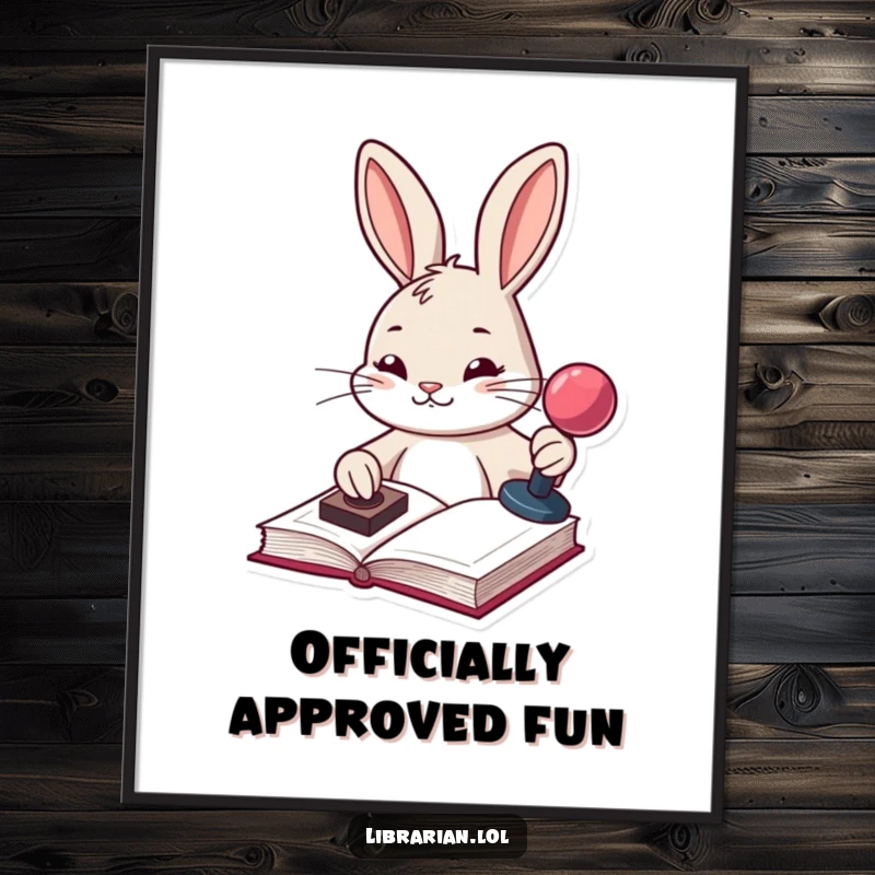 Funny determined bunny stamping a book with a stamp pad, as motivational wall art on a poster.