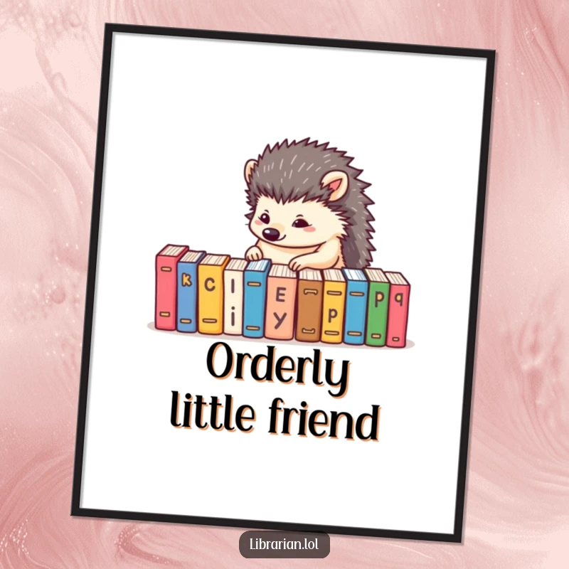 Funny poster featuring a determined hedgehog meticulously alphabetizing a row of tiny books, ideal for organized humor decor.