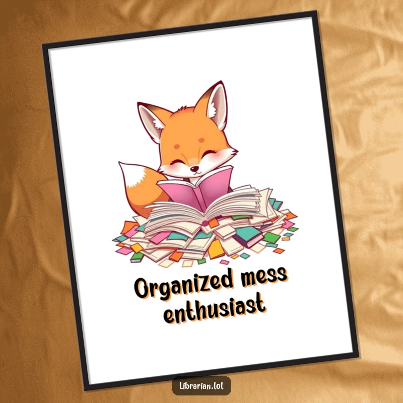 Funny poster art of a curious fox meticulously sorting through scattered, colorful book pages. Intriguing and humorous wall decor.