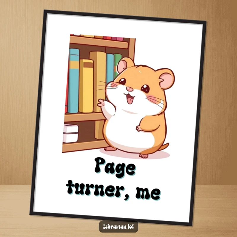 Funny Poster: A happy hamster taps its foot, pointing at a shelf of books, a funny invitation to read.