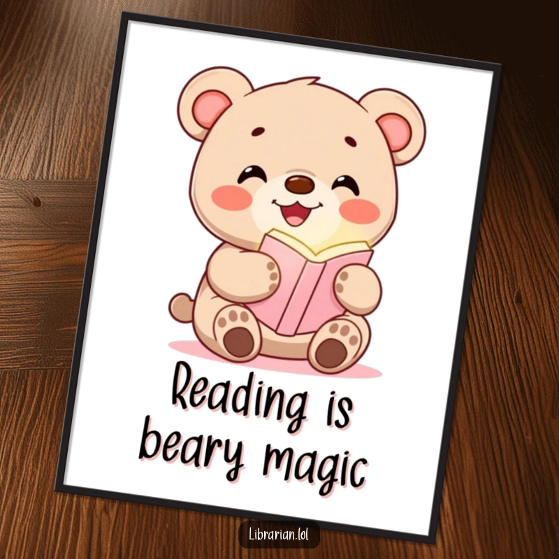 Funny poster showcasing a happy bear cub holding a glowing bookmark, adding whimsical decor to any room.